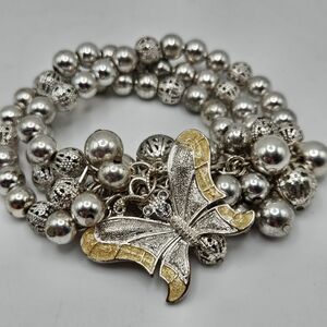 VINTAGE 80s Silver Tone Three Strand Beaded Butterfly Charm Stretch Bracelet